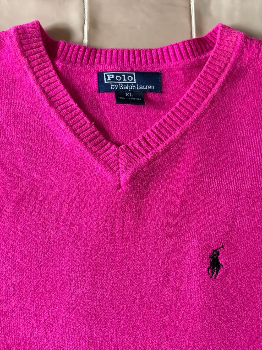 Polo by Ralph Lauren Men's V-Neck Sweater in Hot Pink with Black Pony